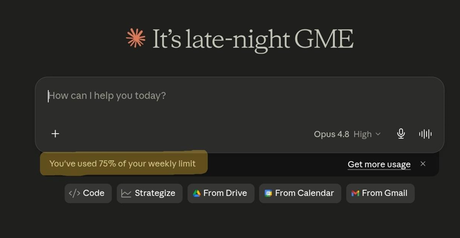 GME AI workspace showing the message: You've used 75% of your weekly limit